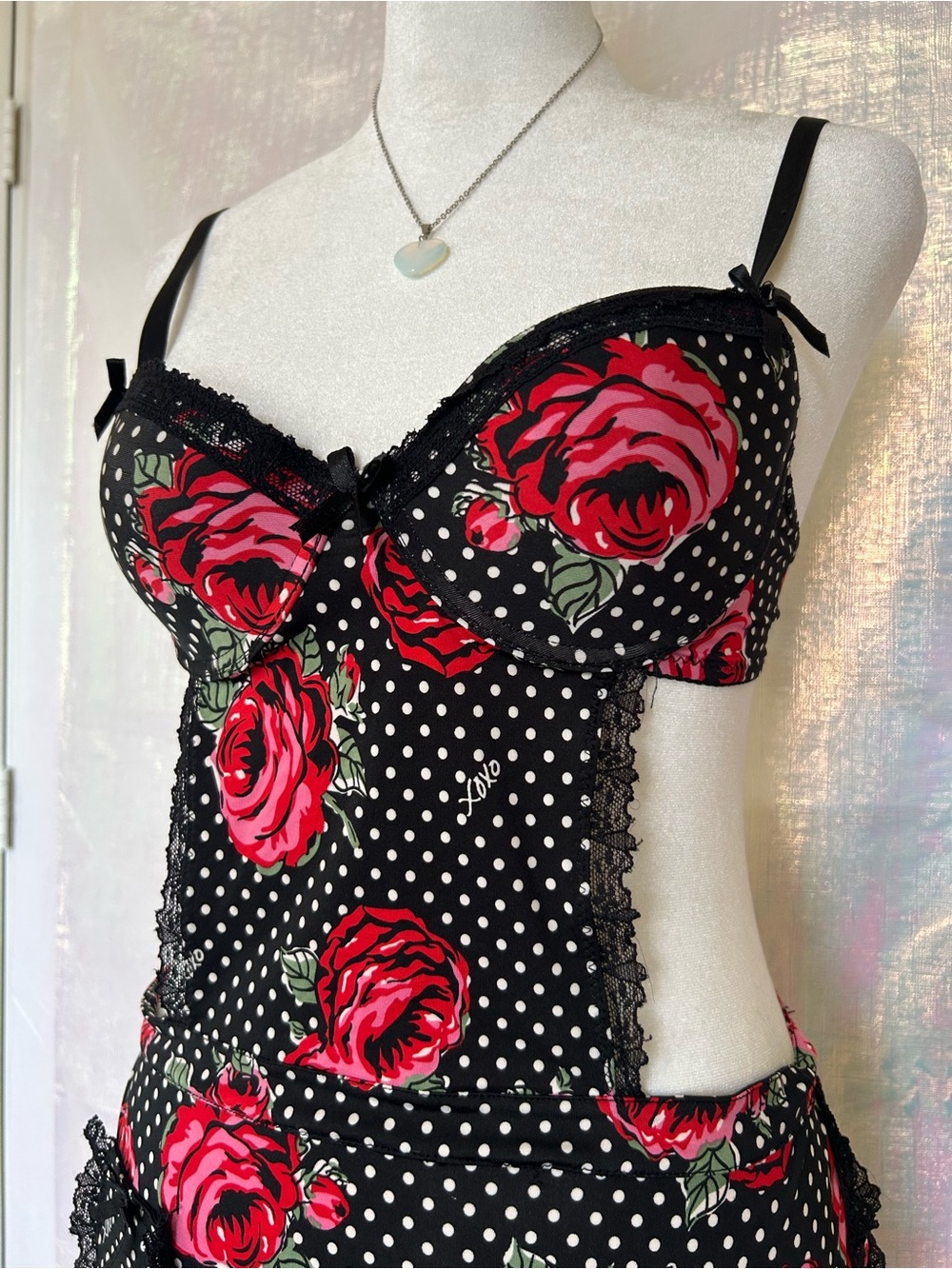 XOXO Lingerie Black Polka Dot Chemise with Red Rose Print. Size M.